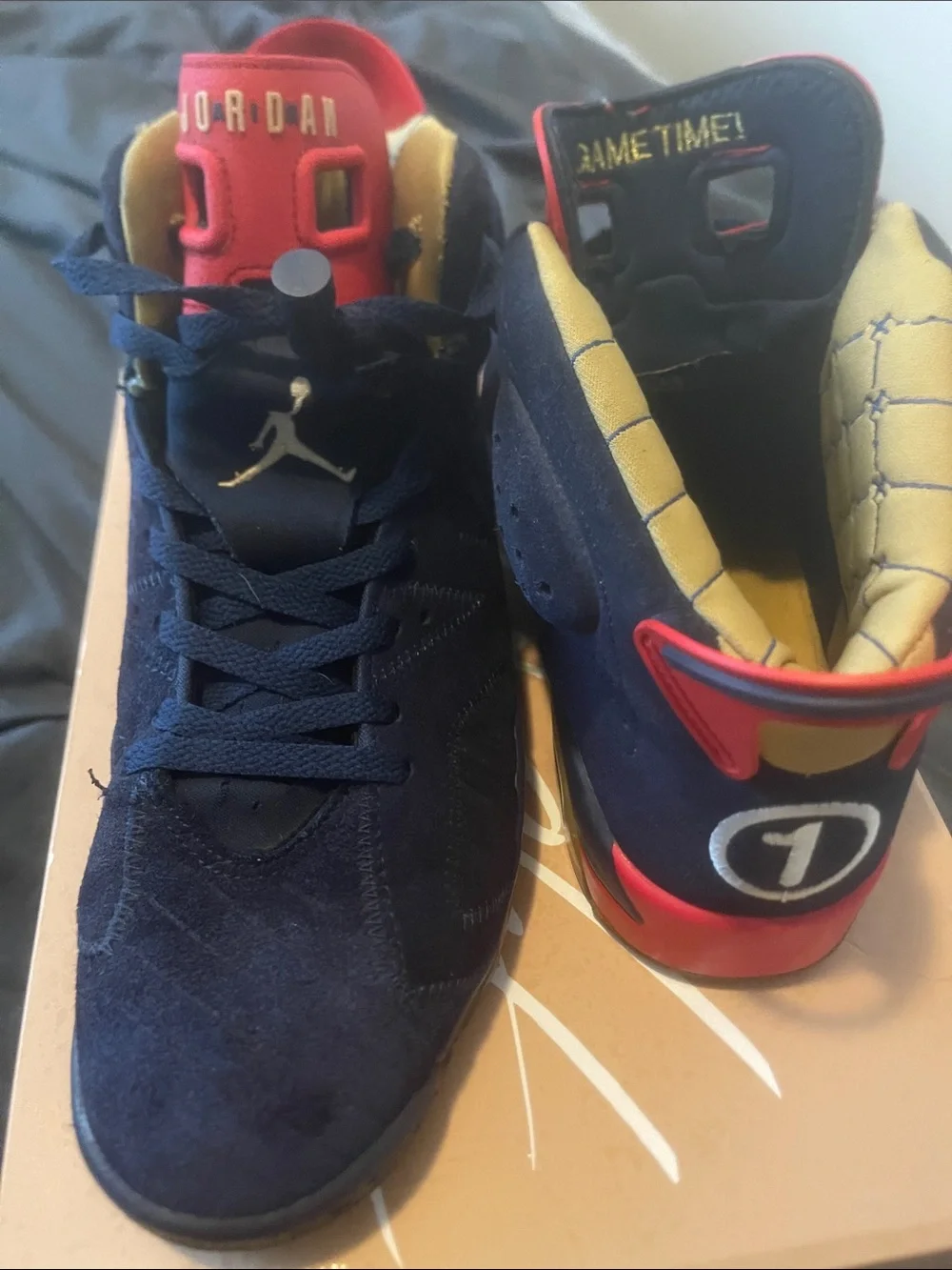 Jordan Men’s Athletic Shoes Navy Blue with Red and Gold Accents